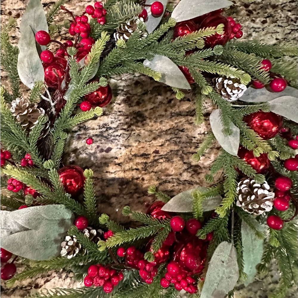Artificial Christmas Wreath ￼Plastic Pines Red Bulbs 18” #1986693625